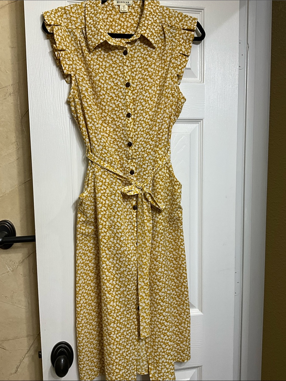 Sleeveless Yellow Floral Midi Shirt Dress with Tie Waist